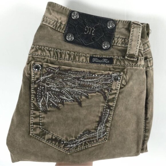 MISS ME TP5724S1 Skinny Designed in USA 🇺🇸 Olive Green Jeans Acid Wash Size 28 - Picture 8 of 13